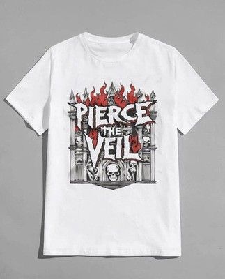 Weißes Band-T-Shirt der Gruppe Pierce The Veil mit Gothic-Grafik.